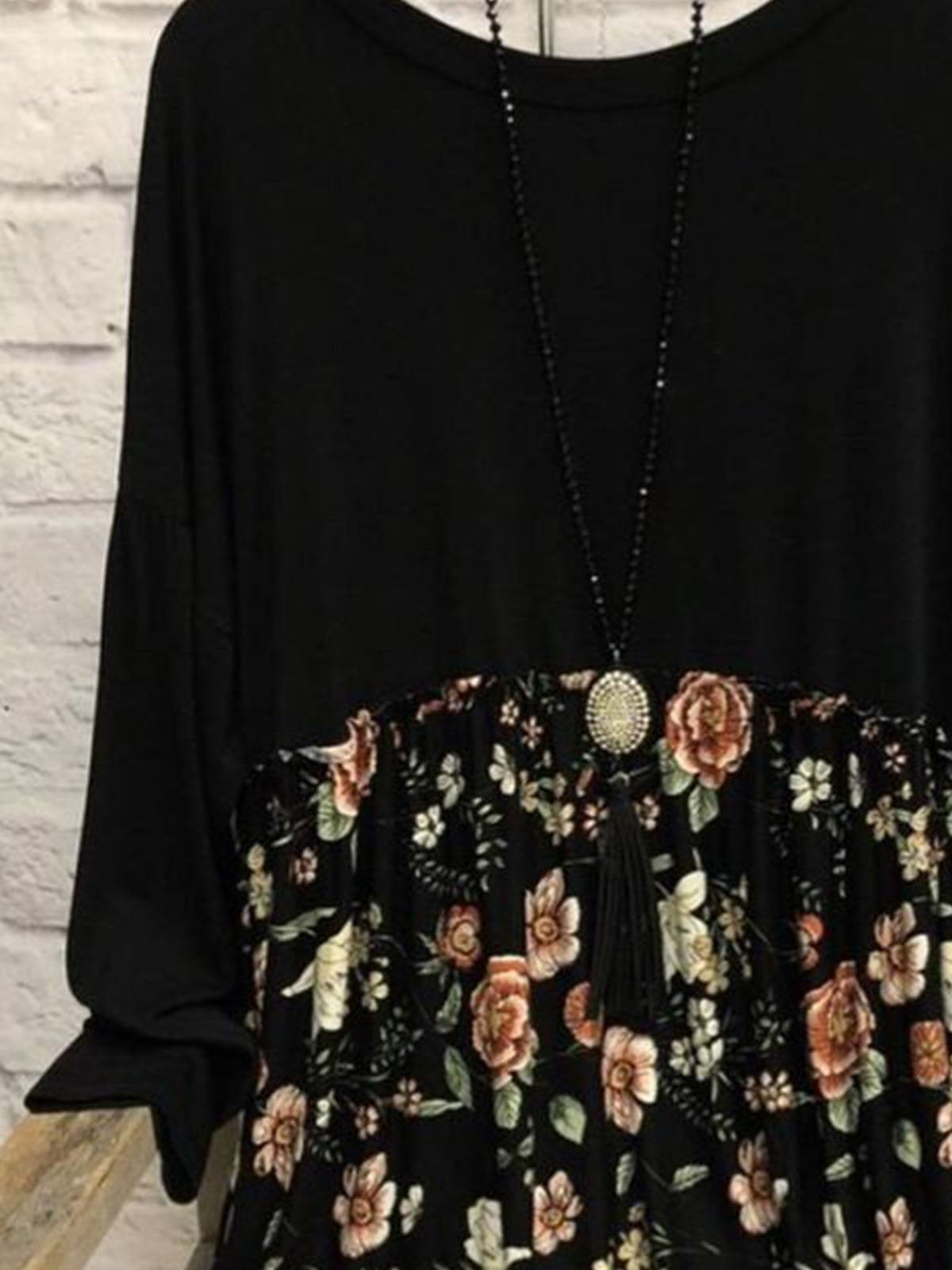 flowersverse Large size Black Crew Neck Casual Printed Knitting Tunic Dress