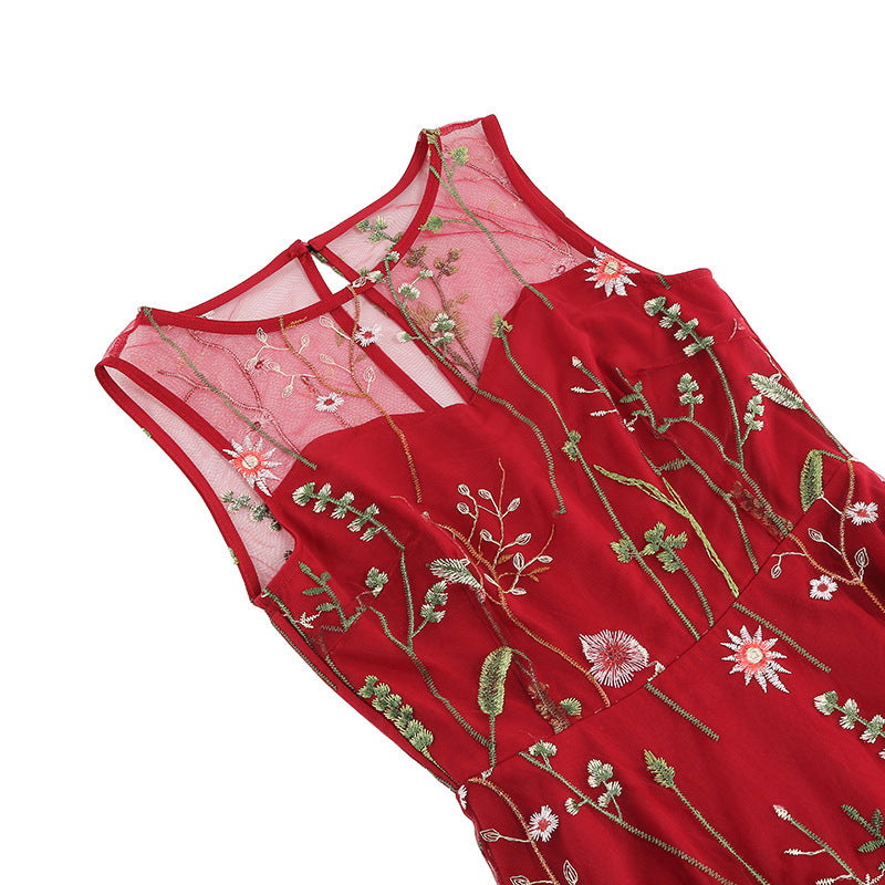 flowersverse Women Round Neck Sleeveless Embroidered Dress