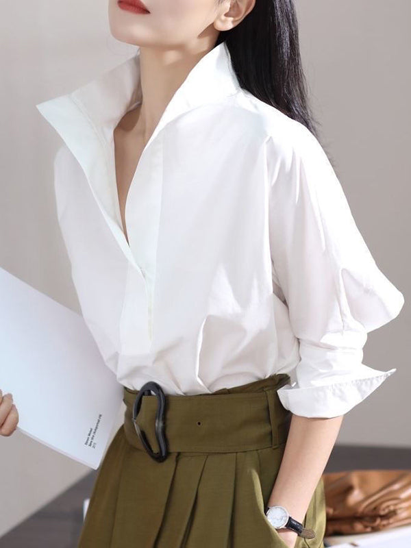 flowersverse Long Sleeves Loose Solid Color Lapel Collar Blouses&Shirts Tops