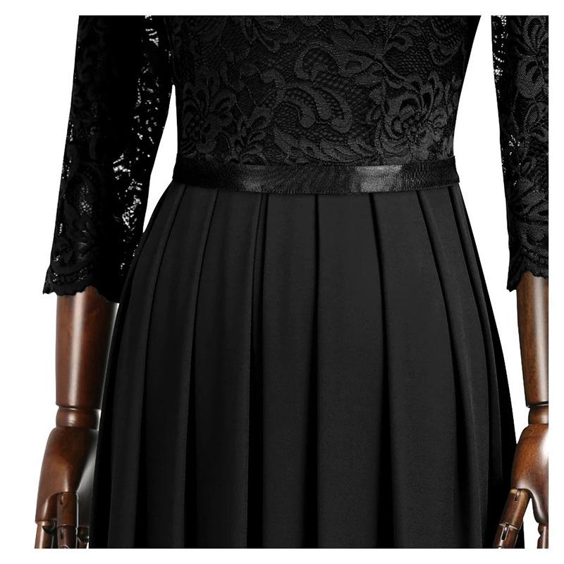 flowersverse Medium-Long Sleeve Chiffon Dress Round Neck Stitching Lace Dress Evening Dress Black Dresses