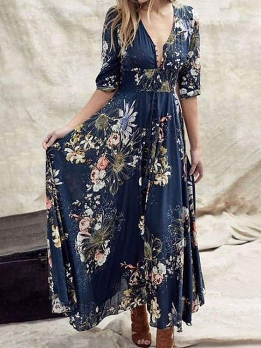 flowersverse Women's Swing Dress Maxi Long Dress Blue Green Half Sleeve Floral Ruffle Print Summer V Neck Hot Casual Boho S M L XL XXL 3XL 4XL