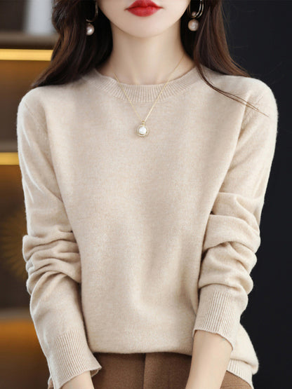 flowersverse Casual Long Sleeves Loose Solid Color Round-Neck Sweater Tops