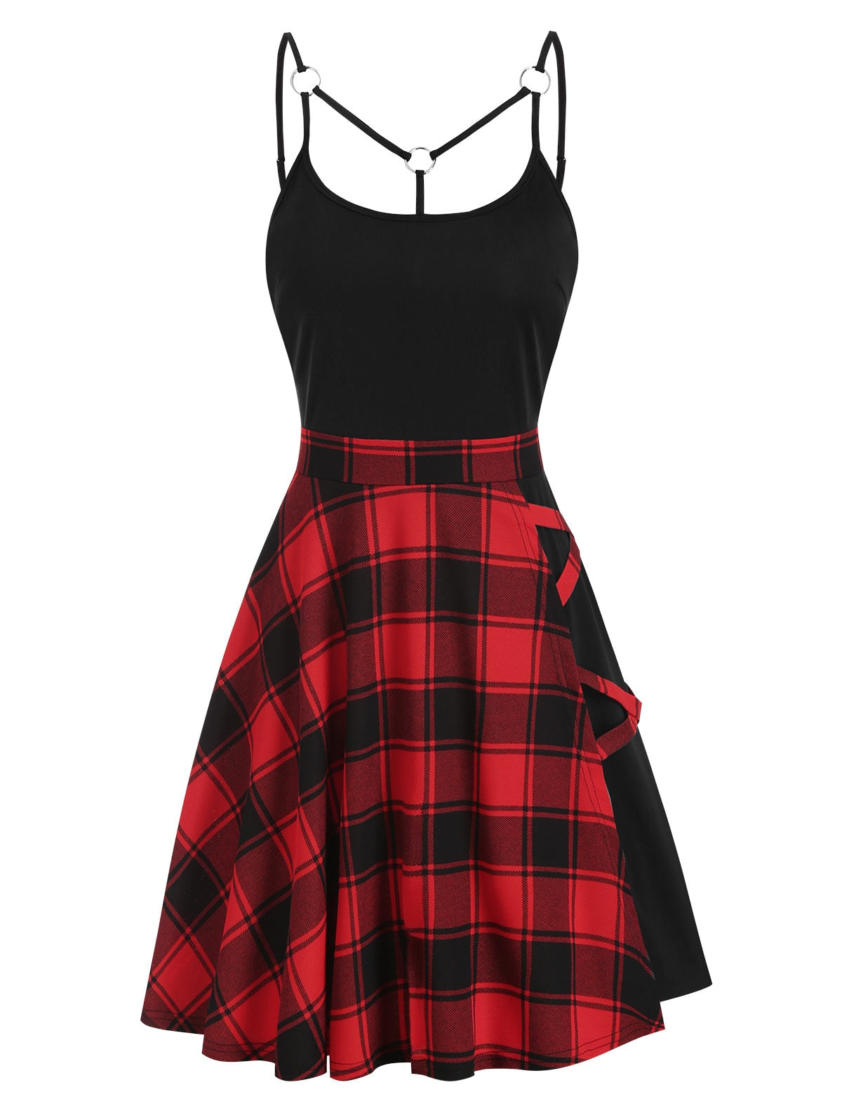 flowersverse Gothic Casual Dress Plus Size 3XL Tartan Plaid Panel Crisscross Cami A Line Dress Sleeveless High Waist Mini Party Dress