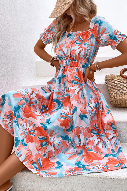 flowersverse Vibrant Floral Frill Trim Square Neck Midi Dress