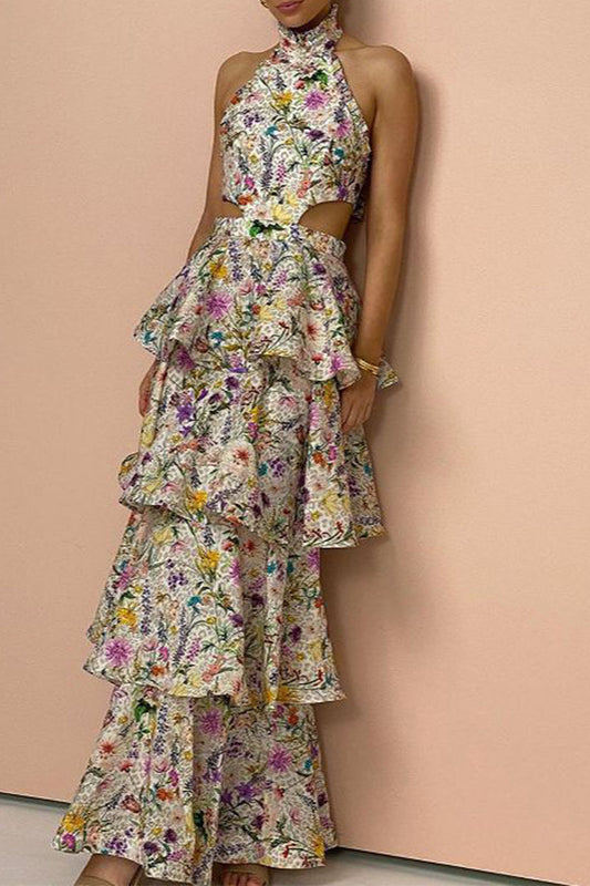 flowersverse Elegant Floral Backless With Bow Halter Cake Skirt Dresses