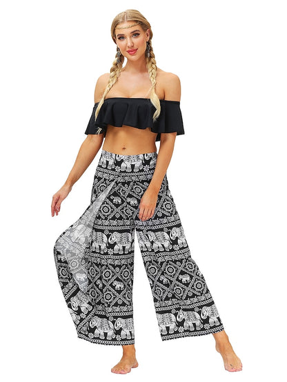 flowersverse Women's Harem Wide Leg Pants Trousers Light gray Gray Black High Waist Basic Boho Gym Yoga Layered High Cut Micro-elastic Full Length Comfort Pattern S L / Drop Crotch / Plus Size / Loose Fit / Print