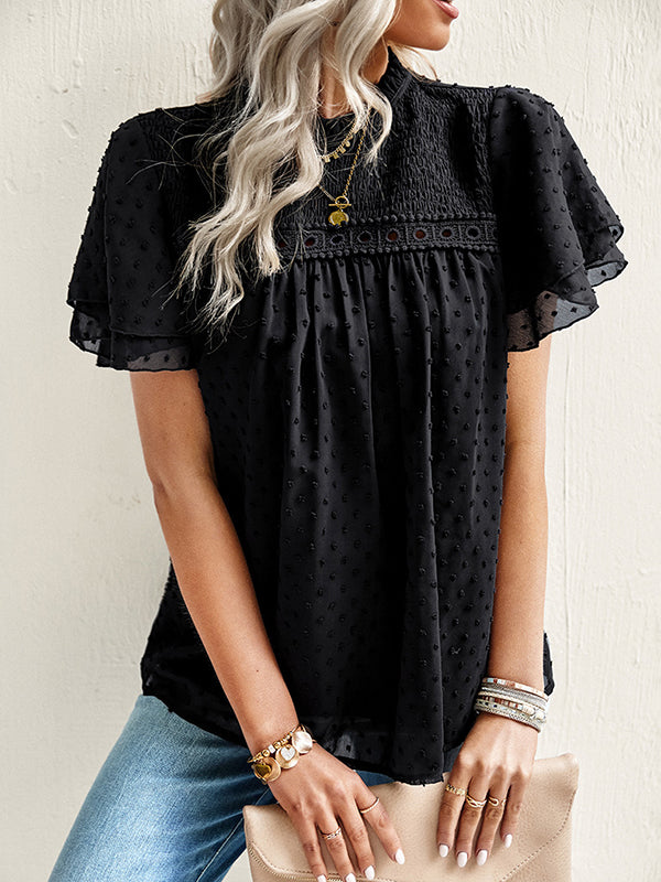 flowersverse Ruffle Sleeves Hollow Jacquard Pleated Solid Color Round-Neck Blouses&Shirts Tops