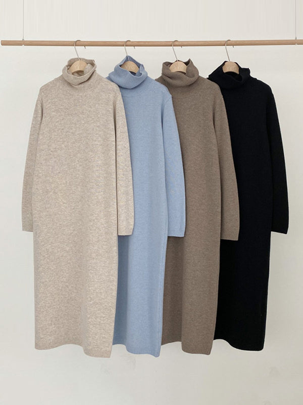 flowersverse Casual Long Sleeves Loose Solid Color High-Neck Sweater Dresses