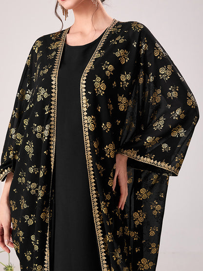 flowersverse Muslim High Waisted Round-Neck Inner Dress + Gauze Batwing Sleeves Flower Print Outerwear Two Pieces Set