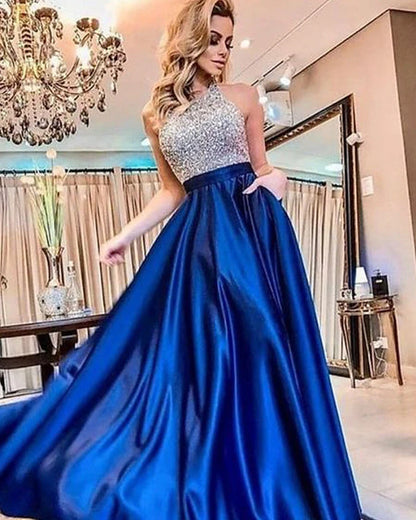 flowersverse Women's A Line Dress Maxi Long Dress Blue Sleeveless Solid Color Backless Sequins Patchwork Fall Round Neck Formal