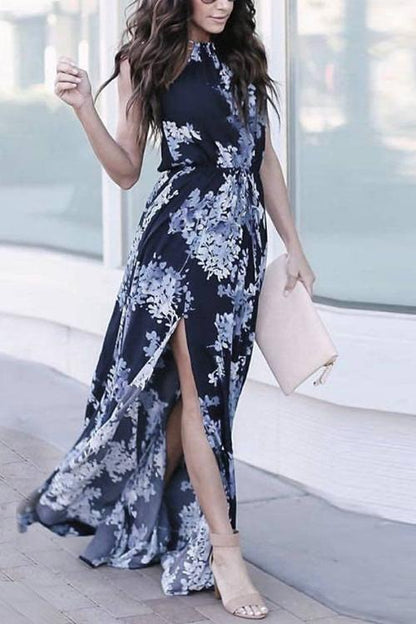 flowersverse Floral Print Slit Sleeveless Maxi Dress