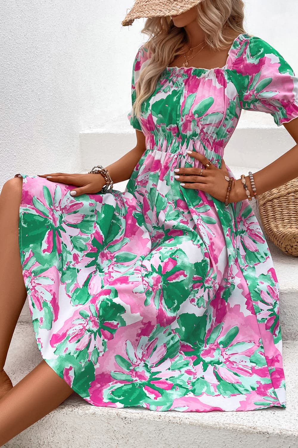 flowersverse Vibrant Floral Frill Trim Square Neck Midi Dress