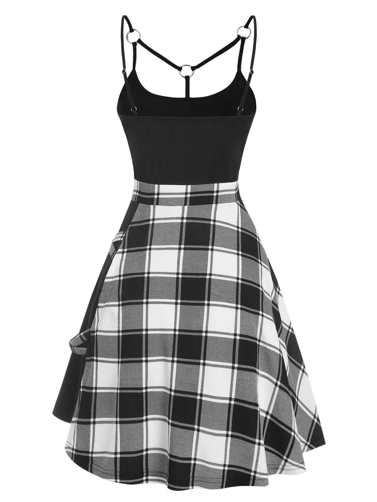 flowersverse Gothic Casual Dress Plus Size 3XL Tartan Plaid Panel Crisscross Cami A Line Dress Sleeveless High Waist Mini Party Dress