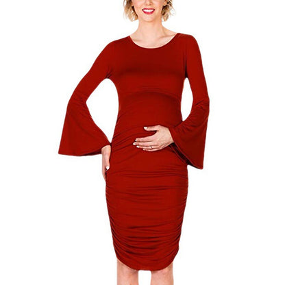 flowersverse Women's Maternity Dress Casual Dress Semi Formal Dress Solid Color Midi Dress Long Sleeve Ruched Crew Neck Fashion Outdoor Wine Red Black Blue Spring Summer S M L XL