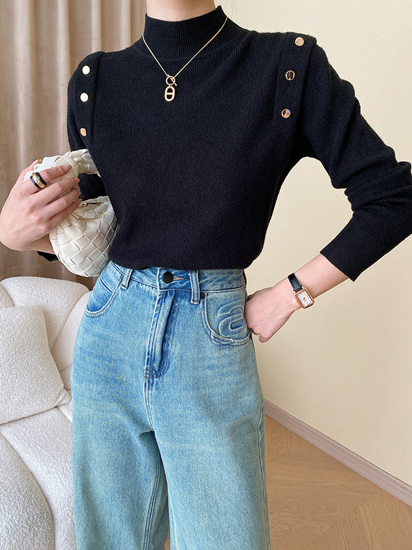 flowersverse Buttoned Split-Joint Long Sleeves High-Neck Sweater Tops