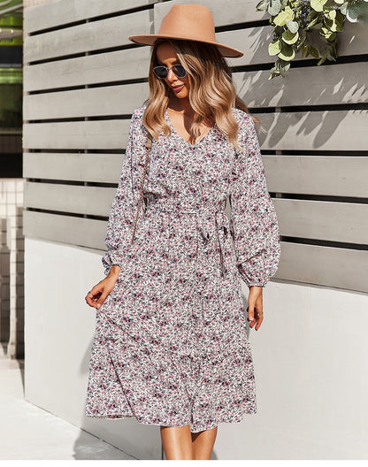 flowersverse Autumn Winter Sexy V Neck Print Dress Women Casual Full Sleeve Bandage Medium Long Floral Dresses High Wasit