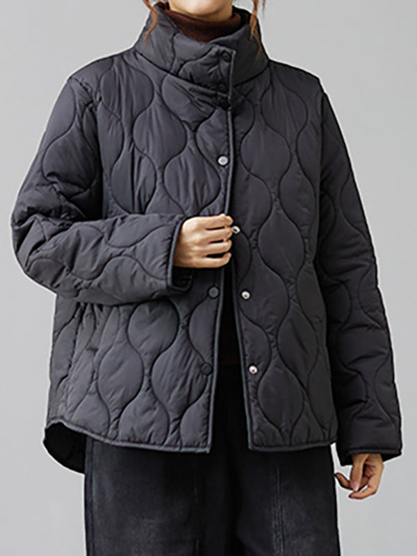 flowersverse Pockets Quilted Solid Color High-low Long Sleeves High Neck Padded Coat