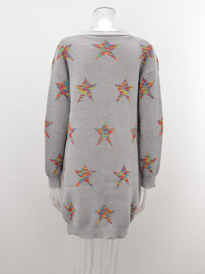 flowersverse Knitted Pentagram Pockets Long Sleeves Loose V-Neck Cardigan Tops