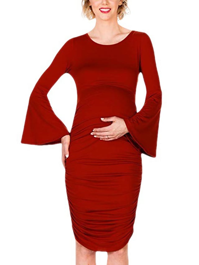 flowersverse Women's Maternity Dress Casual Dress Semi Formal Dress Solid Color Midi Dress Long Sleeve Ruched Crew Neck Fashion Outdoor Wine Red Black Blue Spring Summer S M L XL