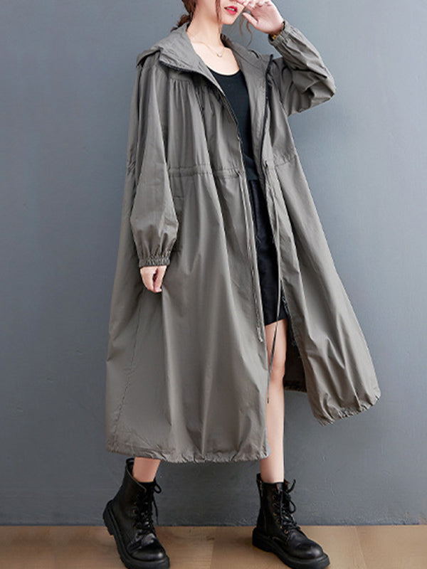 flowersverse Casual Loose Solid Color Zipper Drawstring Long Sleeves Hooded Trench Coat