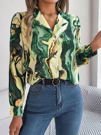 flowersverse Buttoned Printed Long Sleeves Loose Notched Collar Blouses&Shirts Tops