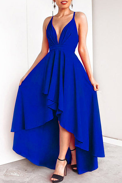 flowersverse Sexy Formal Solid Asymmetrical V Neck Dresses