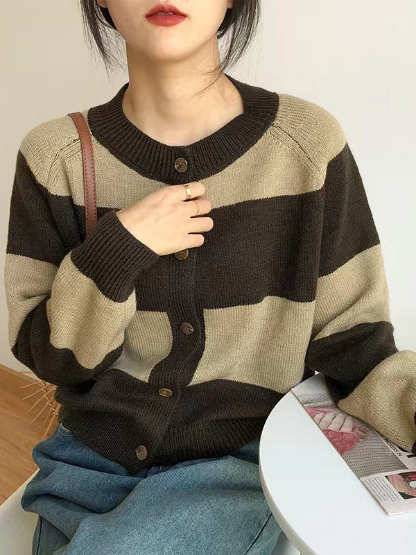 flowersverse Casual Buttoned Contrast Color Striped Cardigan Tops