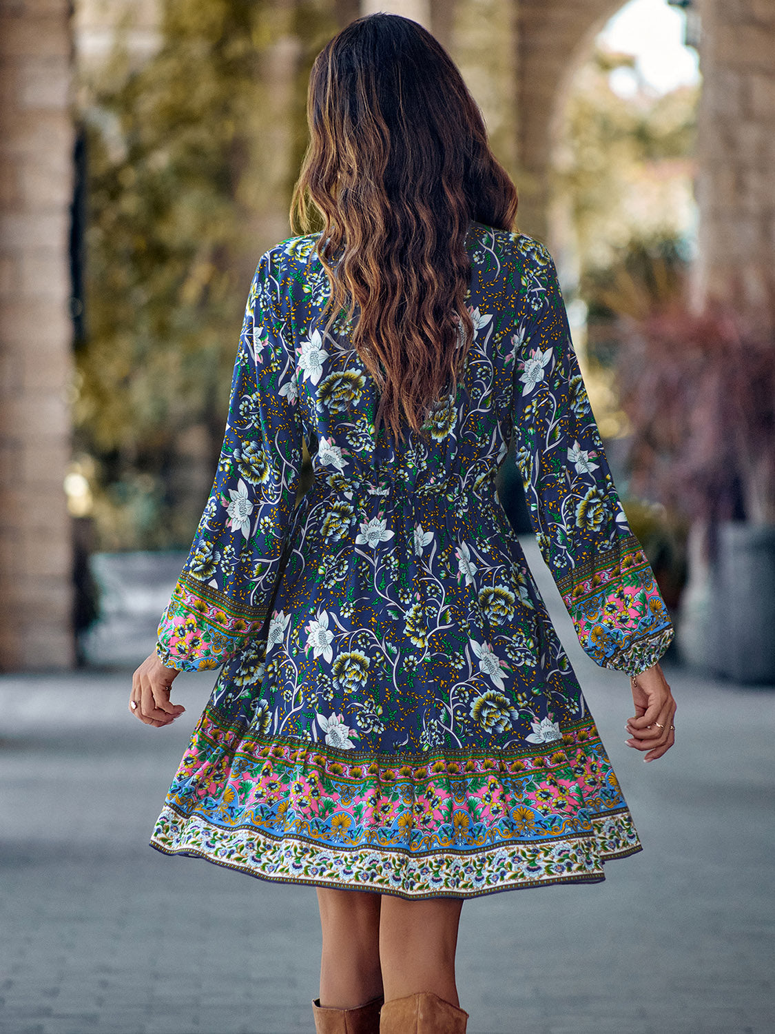 flowersverse Bohemian Chic Floral Print V-Neck Long Sleeve Dress