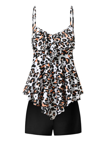 flowersverse Vacation Leopard Printing Scoop Neck Tankinis Two-Piece Set