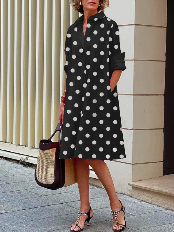 flowersverse Vintage Long Sleeves Polka Dot Lapel Midi Dresses