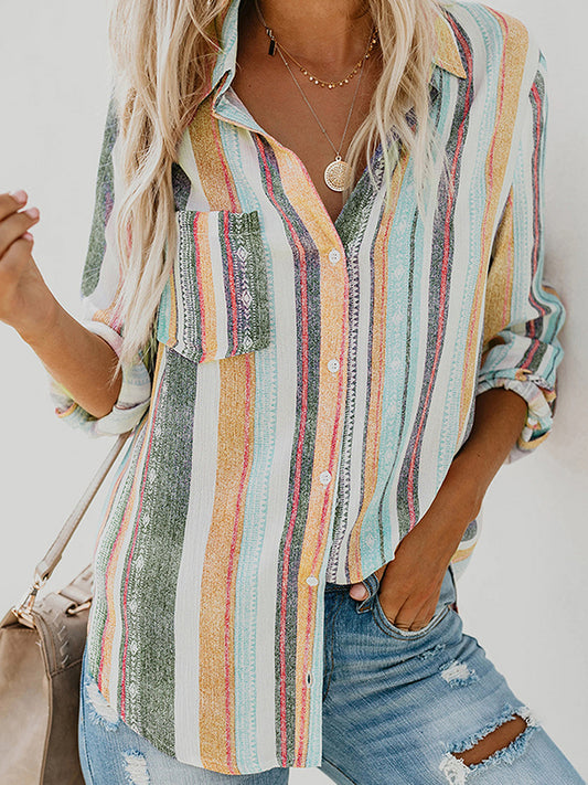 flowersverse Buttoned Pockets Striped High-Low Long Sleeves Lapel Blouses&Shirts Tops