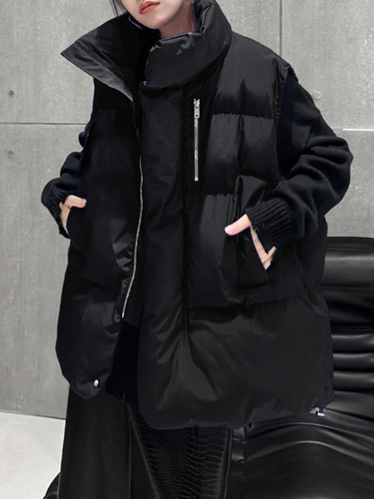 flowersverse Pockets Quilted Solid Color Velvet Zipper Loose Sleeveless Stand Collar Vest Outerwear Padded Coat