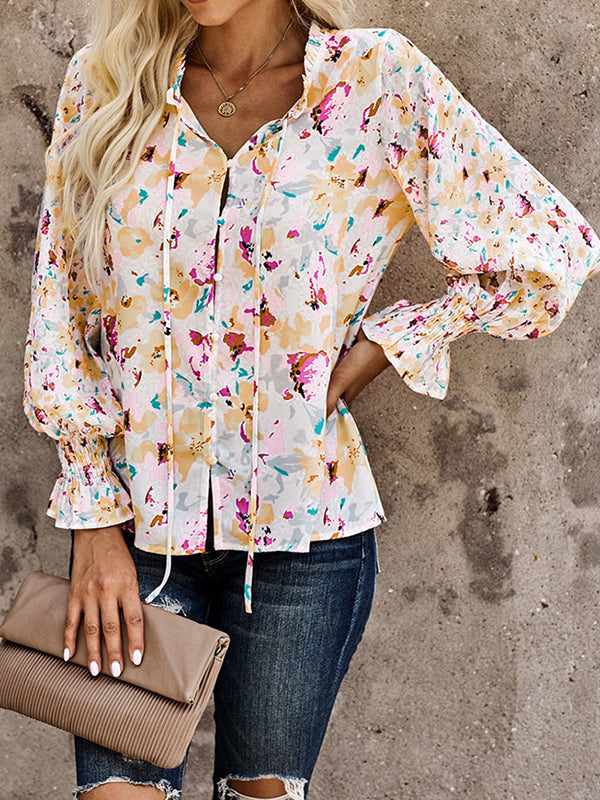 flowersverse Buttoned Elasticity Hollow Printed Tied Flared Sleeves Long Sleeves V-Neck Blouses&Shirts Tops