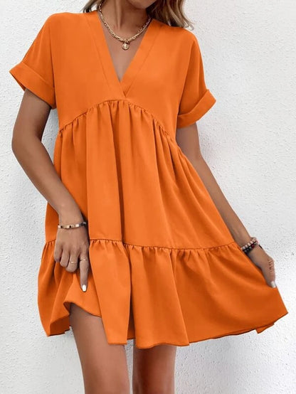 flowersverse Women's Clothing Sweet V-neck Solid Color Wide Hem Casual Skirt Dress