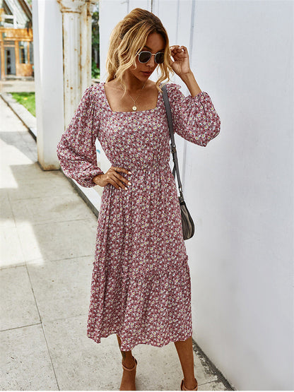 flowersverse Retro Ladies Square Collar Floral Long Dress Autumn Winter Women High Waist Full Sleeve Elegant Chic Dress