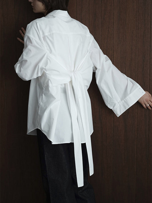 flowersverse Bow-Embellished Solid Color High-Low Long Sleeves Lapel Blouses&Shirts Tops