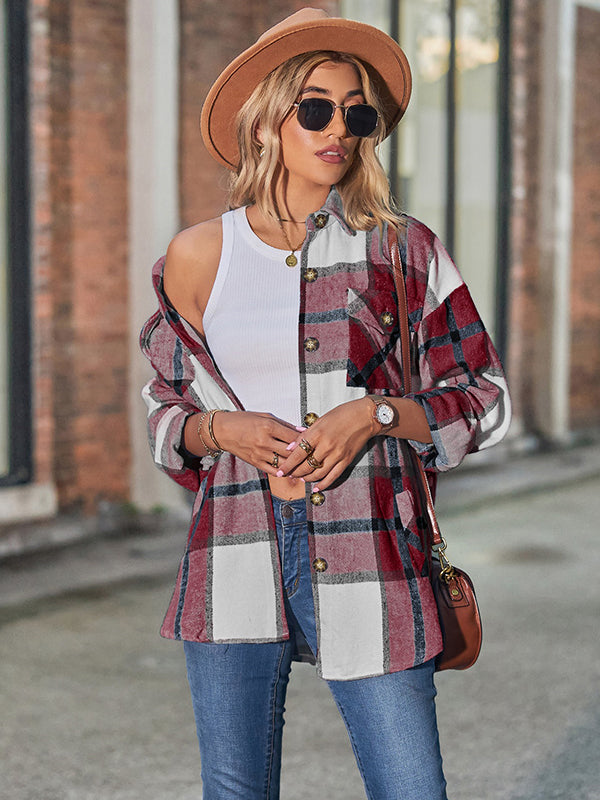 flowersverse Casual Loose Buckle Plaid Polo Shirt Top