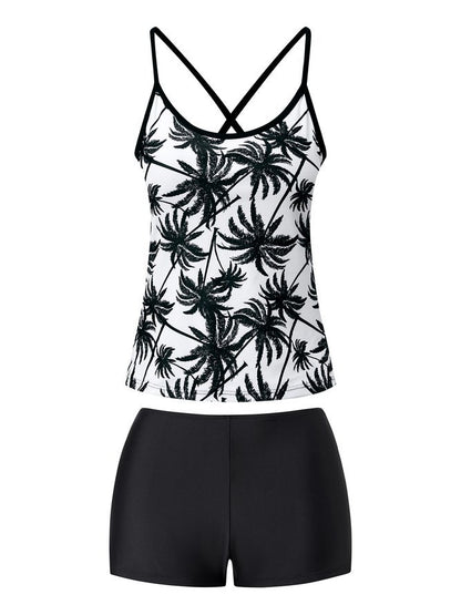 flowersverse Vacation Plants Printing Scoop Neck Tankinis Two-Piece Set