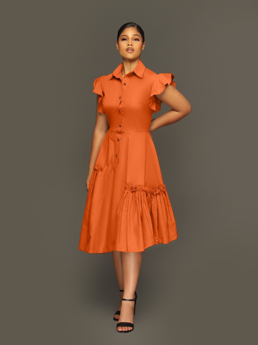 flowersverse Trendy Shirt Collar Irregular Ruffle Edge Swing Dress