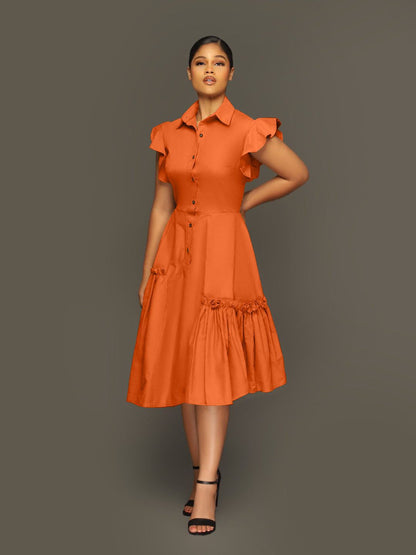 flowersverse Trendy Shirt Collar Irregular Ruffle Edge Swing Dress