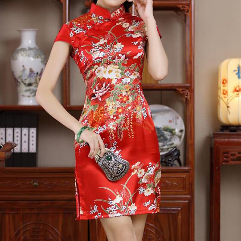 flowersverse Women's Semi Formal Dress Sheath Dress Cheongsam Dress Mini Dress Black White Red Short Sleeve Floral Split Summer Spring Mandarin Collar Elegant Wedding Guest Spring Dress Slim  S M L XL XXL