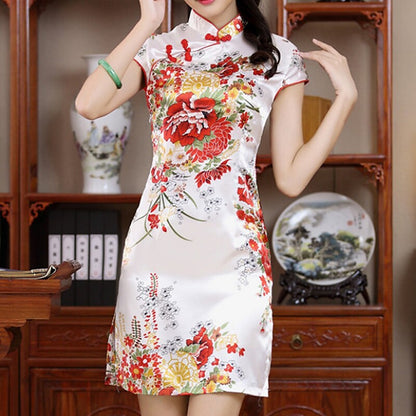 flowersverse Women's Semi Formal Dress Sheath Dress Cheongsam Dress Mini Dress Black White Red Short Sleeve Floral Split Summer Spring Mandarin Collar Elegant Wedding Guest Spring Dress Slim  S M L XL XXL