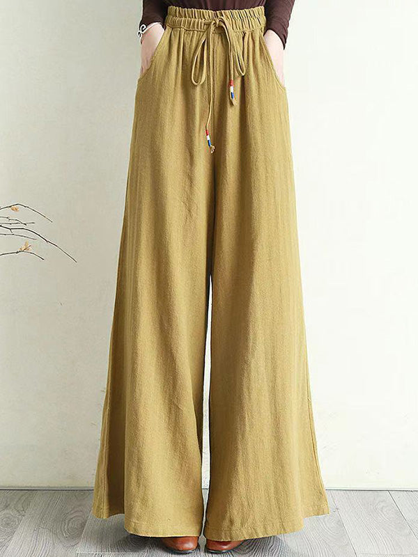 flowersverse Artistic Ramie Cotton Drawstring Elasticity Loose Wide-Leg Pants