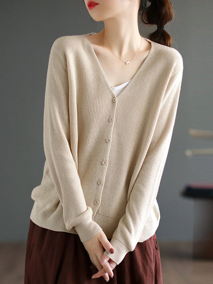 flowersverse Solid Color Long Sleeves Loose V-Neck Cardigan Tops