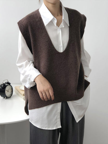 flowersverse Knitting Irregularity Solid V-Neck Vest