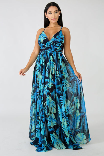 flowersverse Deep V-Neck Back Chiffon Dress