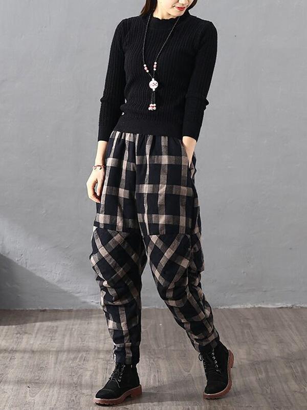 flowersverse Vintage Plaid Thickening Pleated Harem Pants