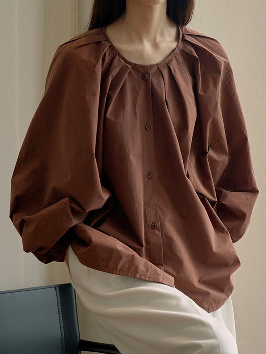 flowersverse Buttoned Elasticity Pleated Solid Color Bishop Sleeve Long Sleeves Round-Neck Blouses&Shirts Tops