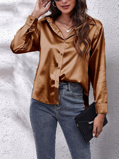 flowersverse Solid Color Long Sleeves Loose Lapel Blouses&Shirts Tops