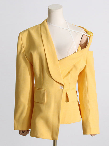 flowersverse Asymmetric Buttoned Hollow Solid Color Tied Long Sleeves Loose Asymmetric Collar Blazer